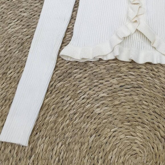 White Ruffle Trim Ribbed Knit Cardigan Crystal Button - Picture 4 of 4